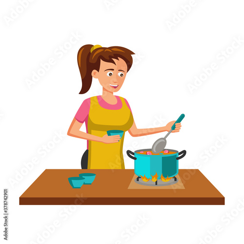 flat design of cartoon character of woman cooking