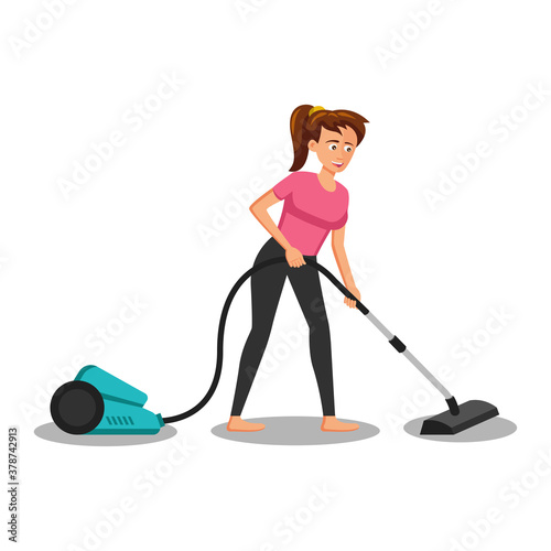 flat design of cartoon character of woman vacuuming