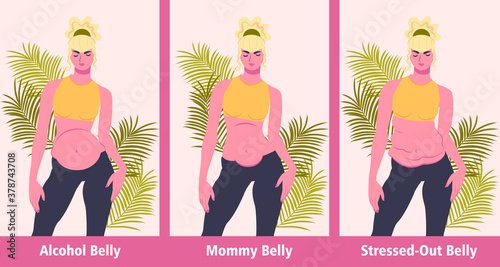 Three common female tummy types: alcohol, mommy and stressed-out bellies. Front view. Isolated vector illustration.
