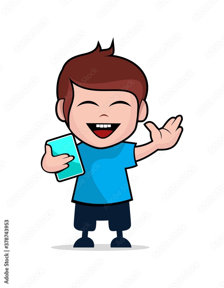 Cartoon Character of Young Kid with Smartphone for Online Education