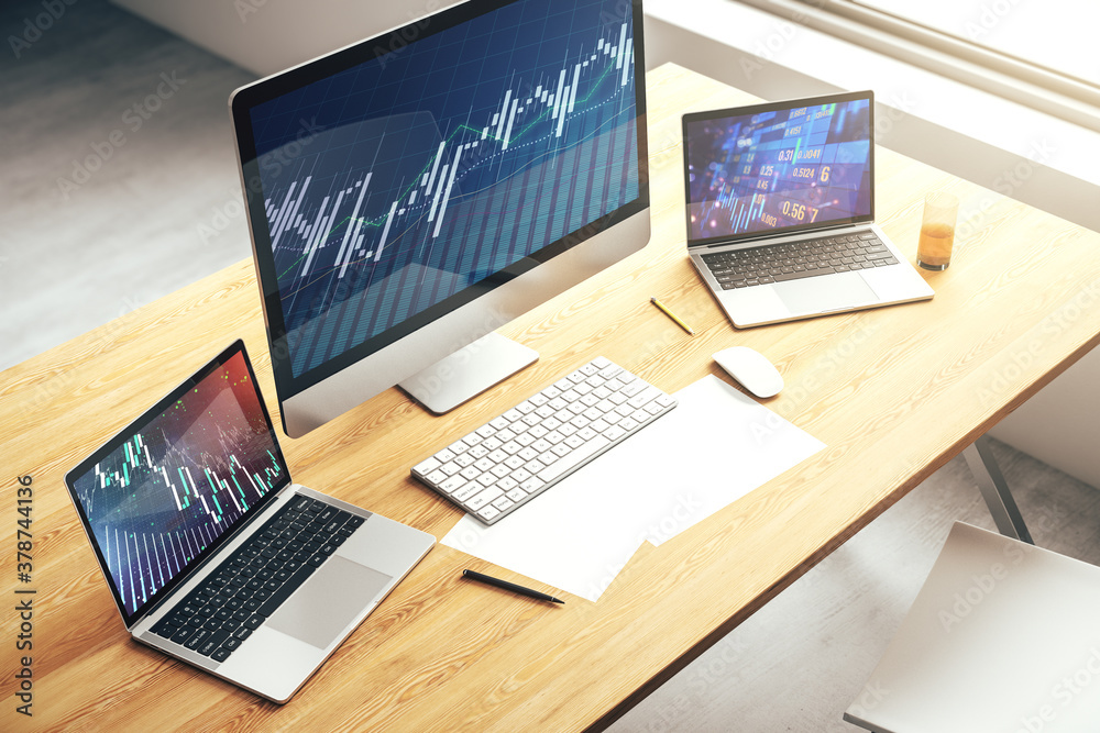 Modern computer screen with abstract creative financial chart, research and analytics concept. 3D Rendering Modern computer screen with abstract creative financial chart, research and analytics concept. 3D Rendering