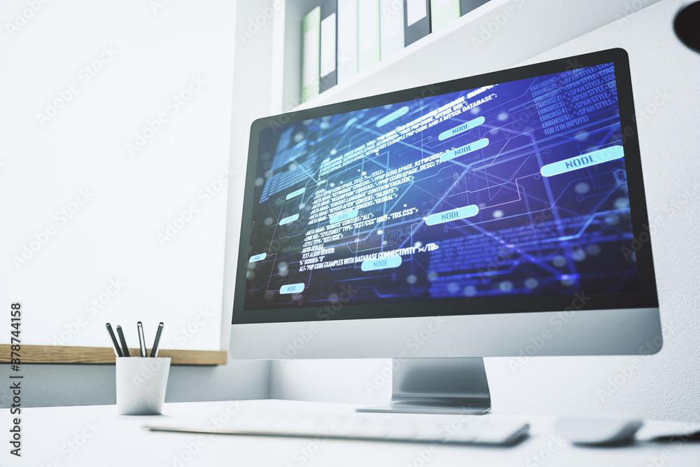 Modern computer screen with abstract creative coding sketch, artificial intelligence and neural networks concept. 3D Rendering Modern computer screen with abstract creative coding sketch, artificial intelligence and neural networks concept. 3D Rendering