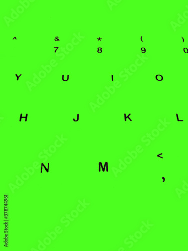 Creative Fine Art Image Illustration of Dark Black English Alphabet Letters On Green Glowing Background Copy Space For Text. Modern abstract front style in computer keyboard typewriter sequence order.