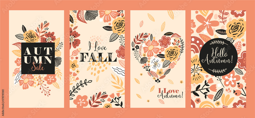 Vector floral banner for social media stories, sale autumn illustration. Flat flowers, petals, leaves doodle elements. Use for event invitation, discount voucher, advertising. Collage style botanical