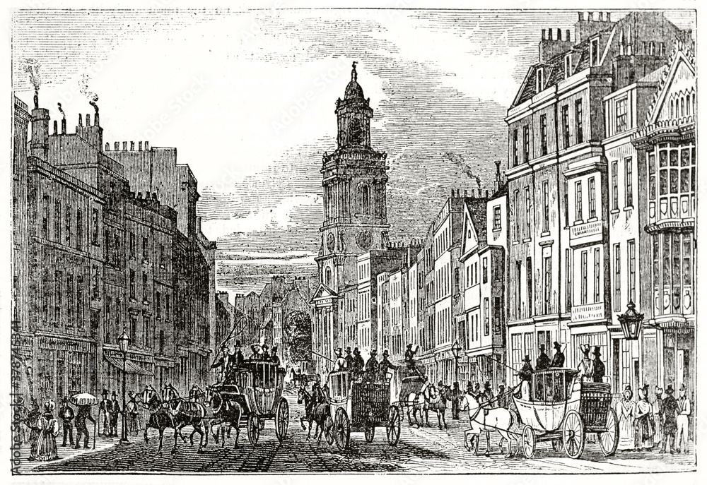 Old front view of busy Bishopsgate Street, London. People, carriages and elegant buildings. Ancient engraving style art by unidentified author, The Penny Magazine, London 1837