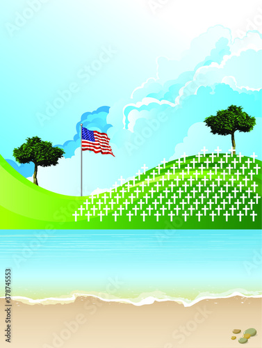 United States of America war grave headstones on a foreign shoreline set against a blue cloudy sky