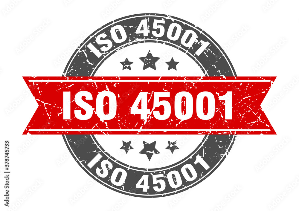 iso 45001 round stamp with ribbon. label sign
