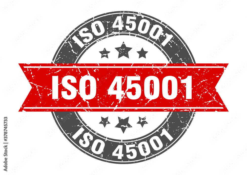 Fototapeta premium iso 45001 round stamp with ribbon. label sign
