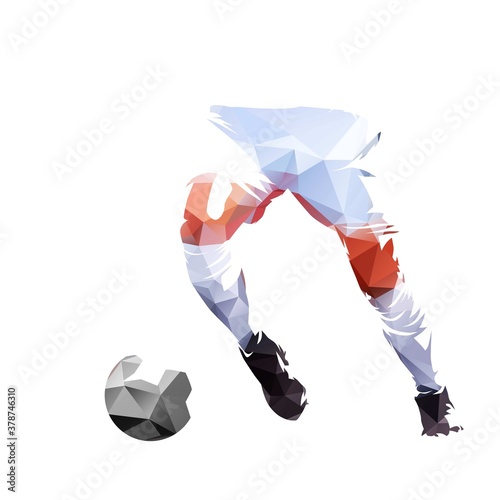 Soccer player running with ball, polygonal abstract isolated vector illustration. Footballer geometric drawing, low poly style