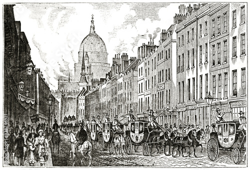 Canvas Print Old very busy Fleet street and mail coaches procession, London