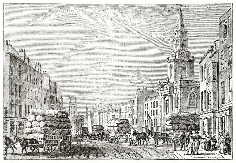 Old front view of High Street, London, walked by carriages transporting goods. Ancient engraving style art by unidentified author, The Penny Magazine, London 1837