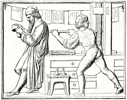 Gutenberg checking print while his reliant uses press. Old engraved reproduction of bas relief monument, Mainz. Ancient engraving style art by unidentified author, The Penny Magazine, London 1837