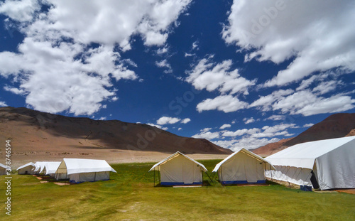 Tourist Camps at Tsokar Lake, Ladakh, India. Smallest of the three high-altitude lakes of Ladakh, Situated at a height of 15,280 ft