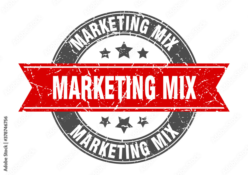 marketing mix round stamp with ribbon. label sign