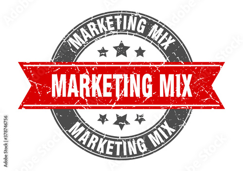 marketing mix round stamp with ribbon. label sign