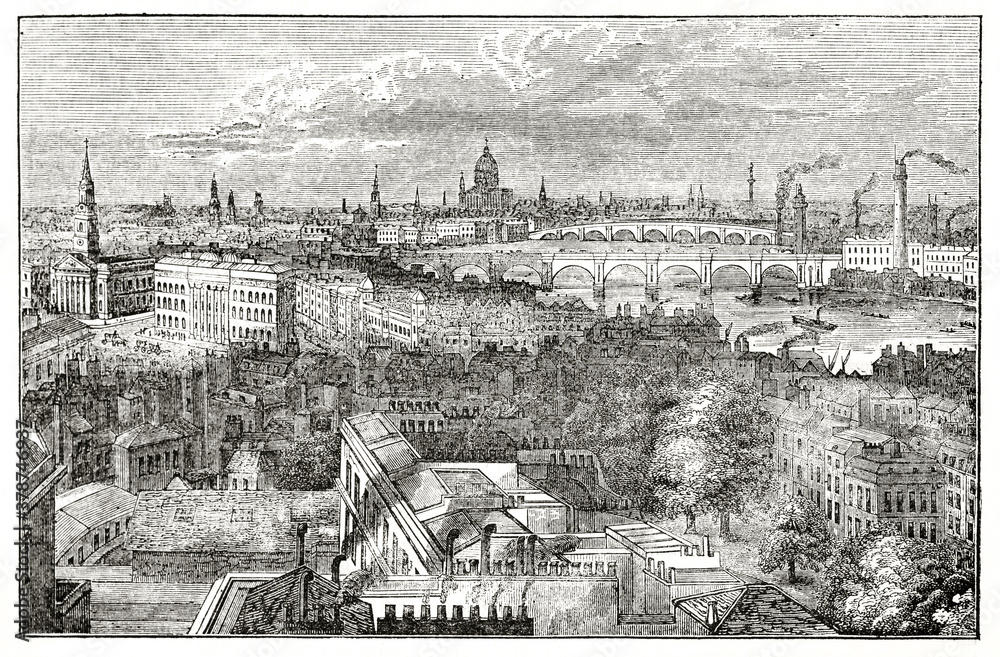 Overall top view of London cityscape from the York column. Building and chimneys. Ancient engraving style art by unidentified author, The Penny Magazine, London 1837