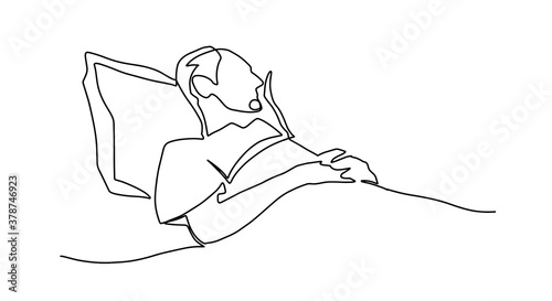 Man laying down and feeling sick one line vector drawing, illustration. Continuous line drawing of sick Old man laying in bed in a hospital. Sleeping woman drawing. Coronavirus. Covid-19