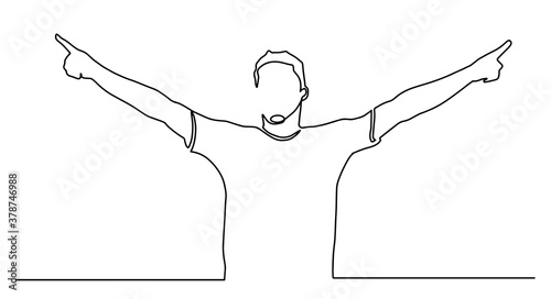 Continuous line drawing of cheering man holding fists. Man Silhouette Excited Hold Hands Up Raised Arms, Full Length Concept Winner Success Vector Illustration.