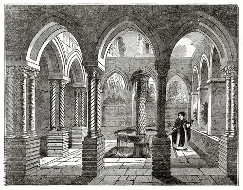 Monreale Benedictine cloister detail, Sicily. Pointed arches, columns and friar close to fountain. Ancient engraving grey tone art by unidentified author, The Penny Magazine, London 1837 photo