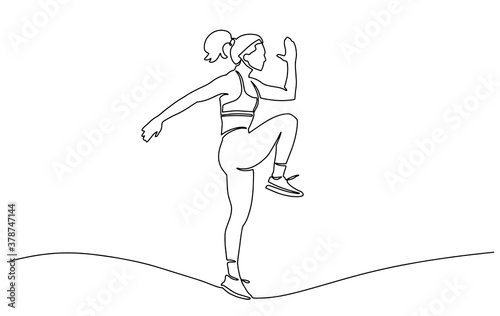 One line drawing of an athlete running fast. Continuous one single line art drawing of a running woman fast in sports theme vector illustration. Workout theme background