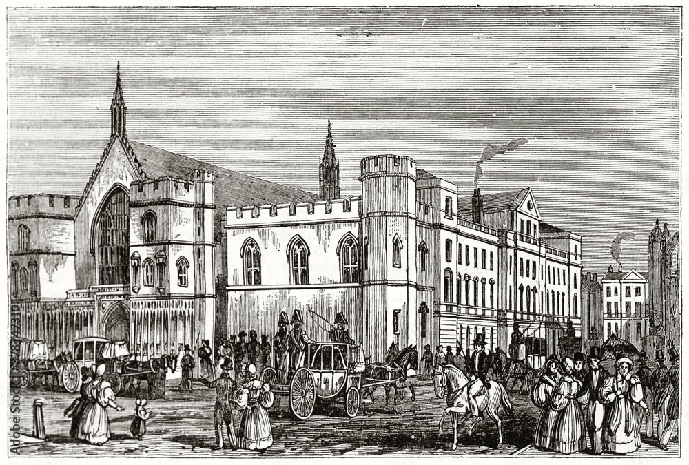 Busy square fronting an elegant palace in old London called Old Palace Yard. Ancient engraving grey tone art by unidentified author, The Penny Magazine, London 1837
