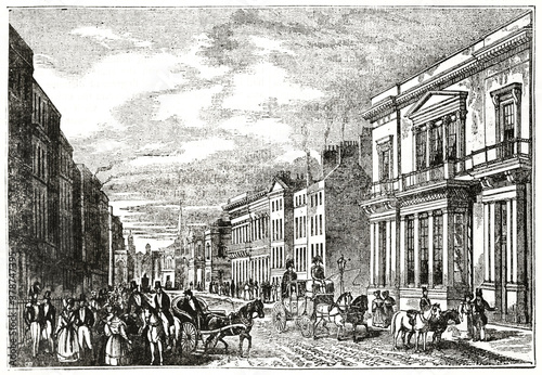 Old Pall Mall street, London. People, carriages and elegant straight british buildings. Ancient engraving grey tone art by unidentified author, The Penny Magazine, London 1837 photo