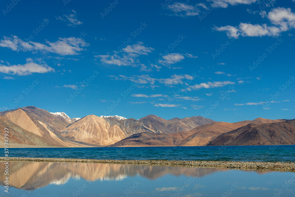 Southern Side of Pangong lake, Ladakh, India. Pangong Tso is an endorheic lake in the Himalayas situated at an elevation of 4,225 m