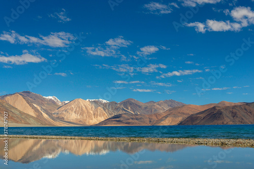 Southern Side of Pangong lake, Ladakh, India. Pangong Tso is an endorheic lake in the Himalayas situated at an elevation of 4,225 m