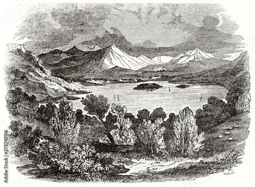 mountain landscape with woods and lake on center Skiddaw, England. Ancient engraving grey tone art by unidentified author, The Penny Magazine, London 1837