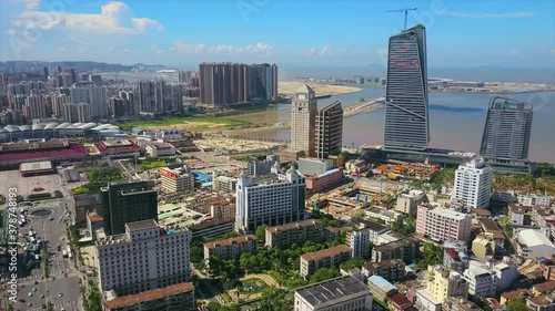 zhuhai city sunny day famous hotel construction bay aerial view 4k china photo