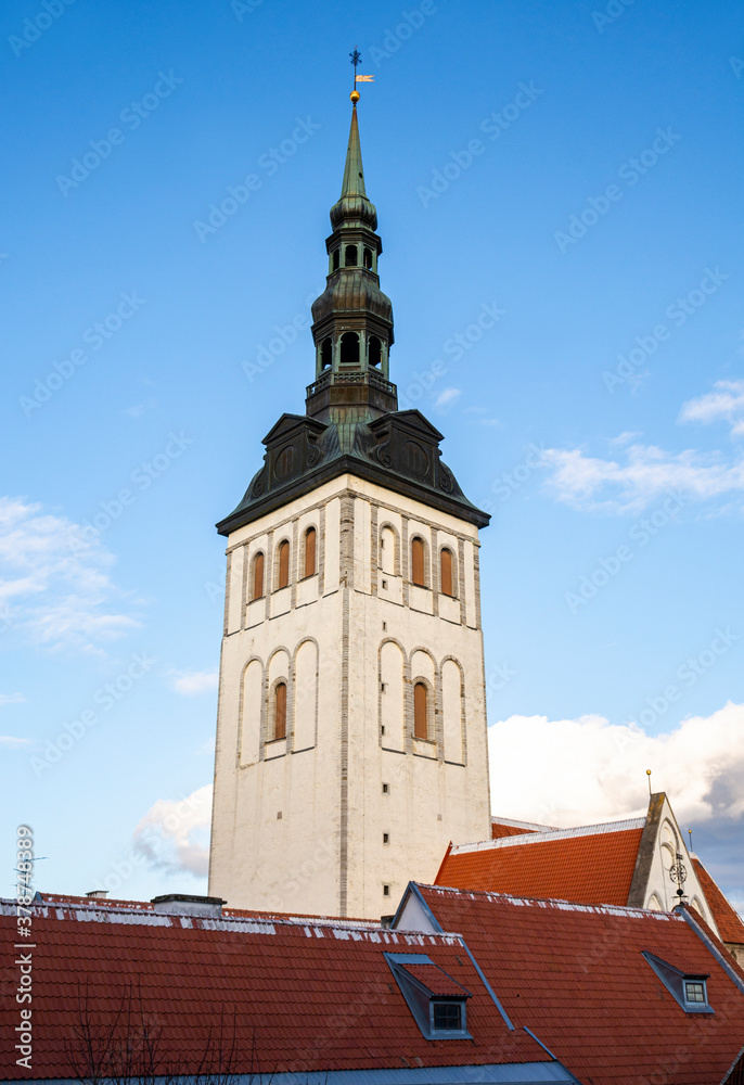 View to St. Nicholas Church and roofs of The Old Town of Tallinn, Estonia