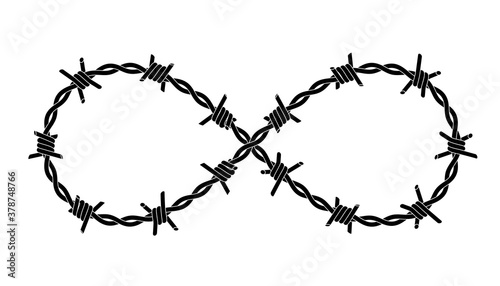 Barbed wires twisted like Infinity sign. Vector tattoo design with editable outlines.