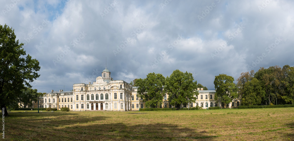 Panorama of an abandoned suburban imperial residences Znamenka Estate. Located in the suburbs of St. Petersburg. Russia