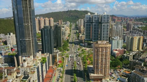 zhuhai city sunny day main traffic road tunnel aerial view 4k china photo