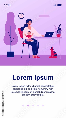 Happy mother holding baby and working online at home flat vector illustration. Cartoon mom sitting at desk and using laptop computer. Motherhood and freelance concept