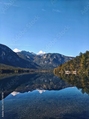 Scenic view of beautiful mountains landscape and Bohinj Lake