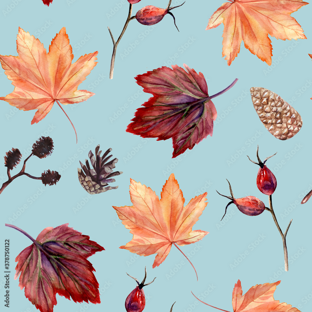 Fototapeta premium Watercolor hand painted seamless pattern with autumn leaves, alder branches, cones and rose hip beries on dark background. Perfect for fall or thanksgiving design. Digital Paper for wrapping, textile