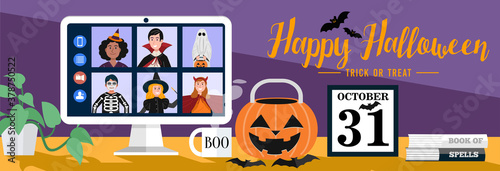 Children in Halloween dress video meetings at home. Vector