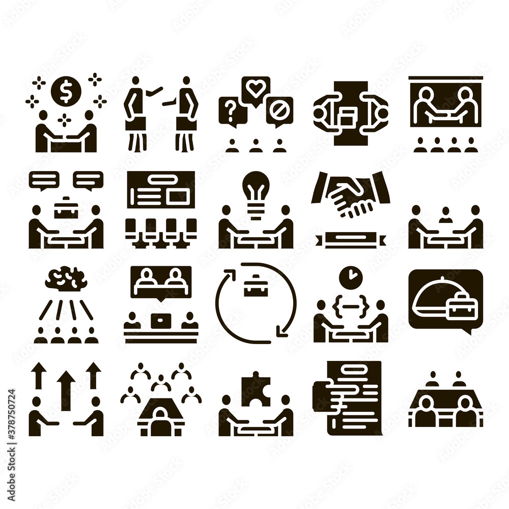 Business Meeting Conference Glyph Set Vector. Business Meeting And Seminar, Businessman Partnership, Communication And Talking Glyph Pictograms Black Illustrations Business Meeting Conference Glyph Set Vector. Business Meeting And Seminar, Businessman Partnership, Communication And Talking Glyph Pictograms Black Illustrations