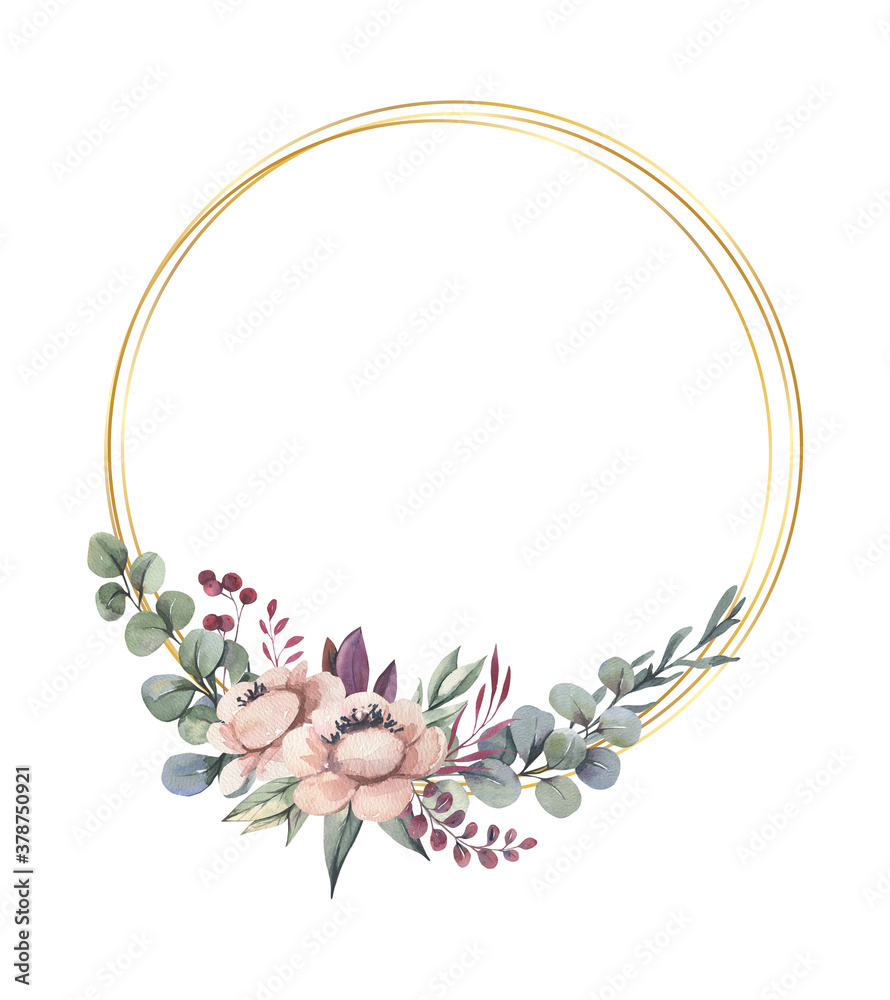 Watercolor hand painted wreath with beige, pink flowers and green leaves.Watercolor floral illustration with branches - for wedding invite, stationary, greetings, wallpapers, background. High quality
