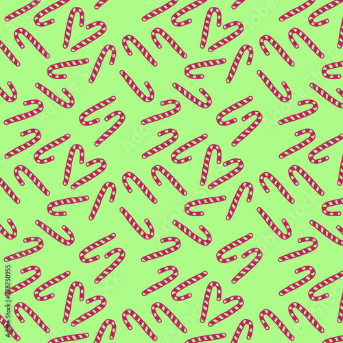 cute Christmas sweets and candies on a green background seamless pattern 
