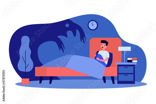 Terrified kid scared of monster shadow. Boy sitting in his bed at night flat vector illustration. Childhood, nightmare, problem concept for banner, website design or landing web page