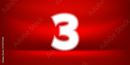 Number three white glow on red luxurious background, No. 3 on red background, Number 3 for Banner Anniversary