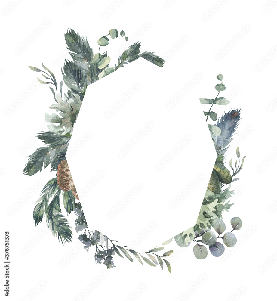Watercolor hand painted wreath with green leaves.Watercolor floral ...