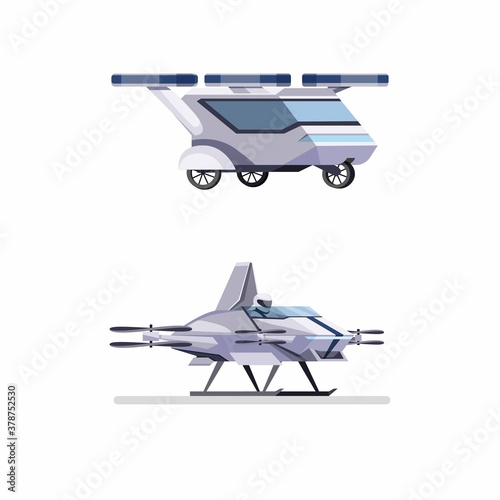 Futuristic flying car drone with passenger concept in flat cartoon illustration vector isolated in white background