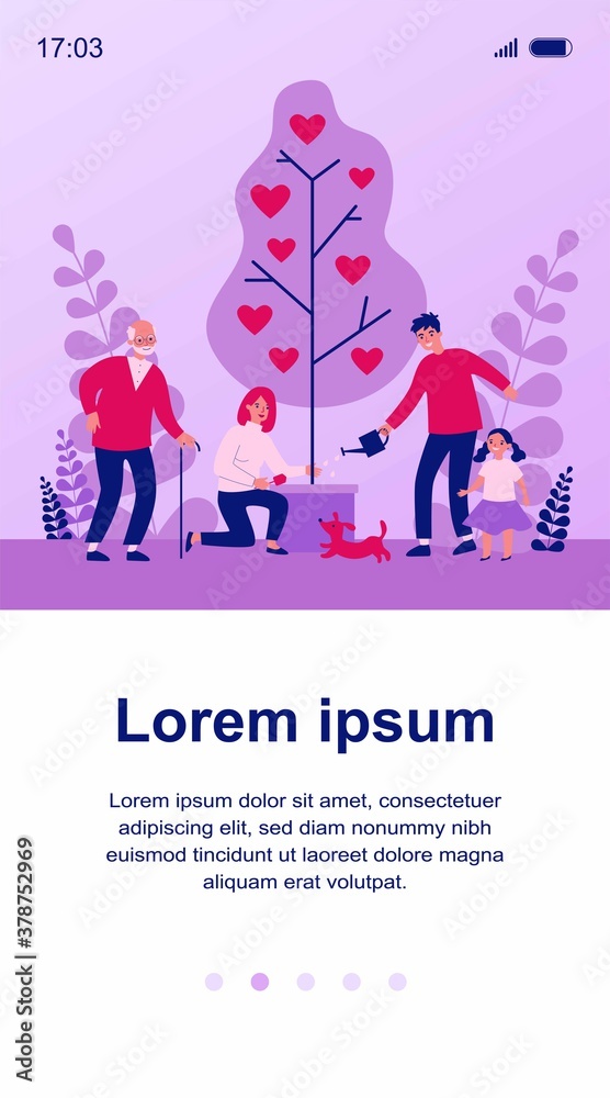 Happy family growing tree with hearts. Romance, care, growth flat vector illustration. Love and relationship concept for banner, website design or landing web page