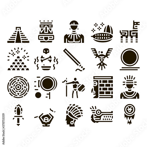 Aztec Civilization Glyph Set Vector. Aztec Antique Pyramid And Gold, Bird And Animal, Cozcacuauhtli And Mystic Totem Glyph Pictograms Black Illustrations