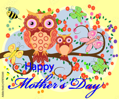 Mother's day owl. Cute illustration of happy mother and kid owl