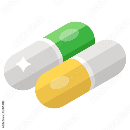 
Plastic coating powder medicine, capsule icon of isometric vector design 
