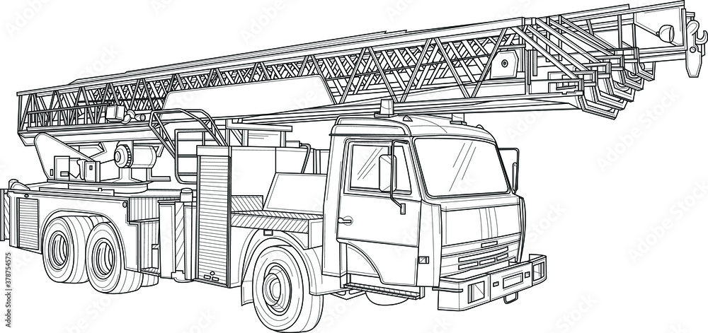 Fire engine truck crane realistic sketch. Vector illustration in black and white for games, background, pattern, decor. Print for fabrics and other surfaces. Coloring paper, page, book.